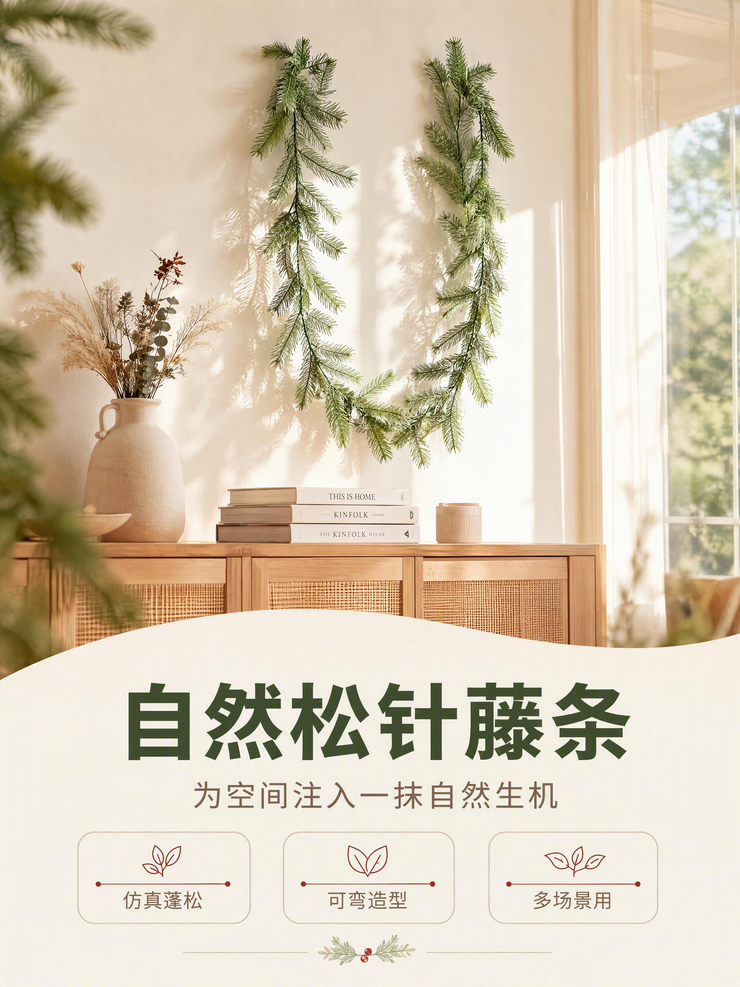 [商品] 使用【图1】仿真松针藤条；保留绿色松针形态、弯曲枝干… - 图片创意预览