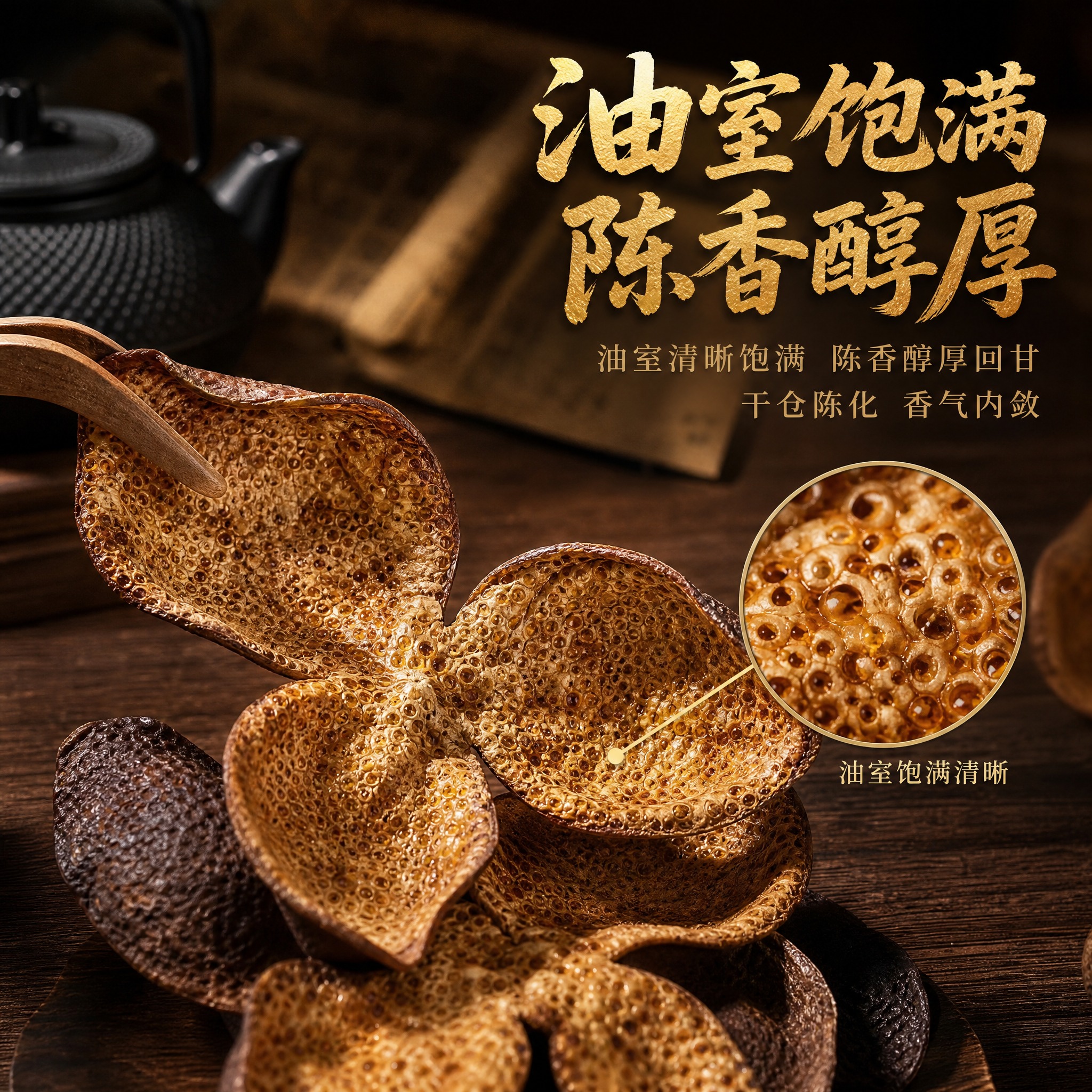 [主图-3] 新会陈皮细节品质图，微距展示油室饱满与陈香醇厚，… - 图片创意预览