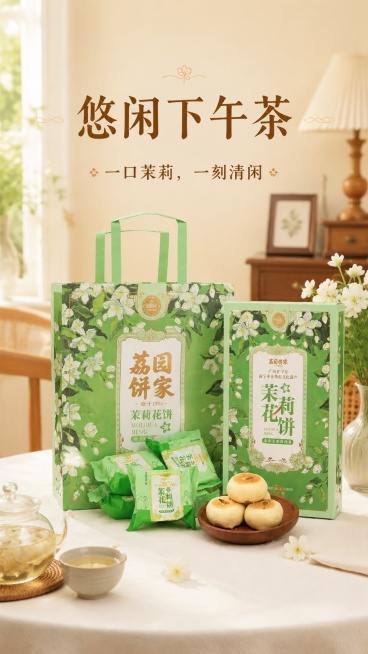 [第10屏] 收尾分享屏，呈现惬意下午茶分享场景。本屏使用【图9】作为主体展示。
[氛围/风格] 温馨治愈风，浅暖背景，营造悠闲下午茶氛围。
[元素布局] 产品礼盒、独立包装和木盘产品摆放在白色桌面，预览效果