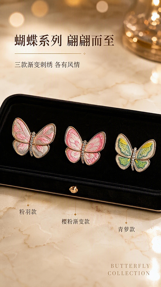 [第3张] 产品解析页 - 蝴蝶系列多色款全貌展示。本张使用【图3】粉羽蝴蝶款、【图6】粉白渐变蝴蝶款、【图10】绿黄蝴蝶款作为商品主体，展示同系列多色选择。
[氛围/风格] 精致优雅，高级珠宝陈列感，商业摄影质感。
[元素布局] 三款蝴蝶造型刺绣胸针横向排列在黑色丝绒首饰盒内，从左到右依次为：粉羽款、粉白渐变款、绿黄款；胸针呈45°角摆放，镀金边框反光均匀，中间锆石排列整齐，刺绣面颜色、纹理、结构与输入图完全一致；首饰盒置于浅米色大理石台面上，背景虚化暖光光斑。
[光影质感] 顶部聚光式柔光，胸针金属边缘有清晰高光，刺绣丝线有细腻光泽，丝绒盒有柔和阴影，整体光影高级有质感。
[配色色系] 全局底色 #F8F4EE（浅米色）；主色暖金、各款刺绣色；辅助色黑色丝绒、米白大理石。
[视角构图] 微俯视角度，三款产品横向等距排列，阅读动线：顶部标题 → 中部产品矩阵 → 底部色号标注。
[文字版式] 顶部标题：主标题「蝴蝶系列 翩翩而至」，副标题「三款渐变刺绣 各有风情」，左对齐排版，细线装饰；每款胸针下方标注色号名称：「粉羽款」「樱粉渐变款」「青萝款」，小号精致字体；右下角英文「BUTTERFLY COLLECTION」；文字不遮挡胸针主体。
[比例分辨率] 9:16 竖版比例，4K 分辨率，文字清晰可辨，高清画质。
[负向提示词] 胸针变形，颜色偏差，刺绣纹理模糊，缺件错件，水印，文字错乱，背景杂乱。