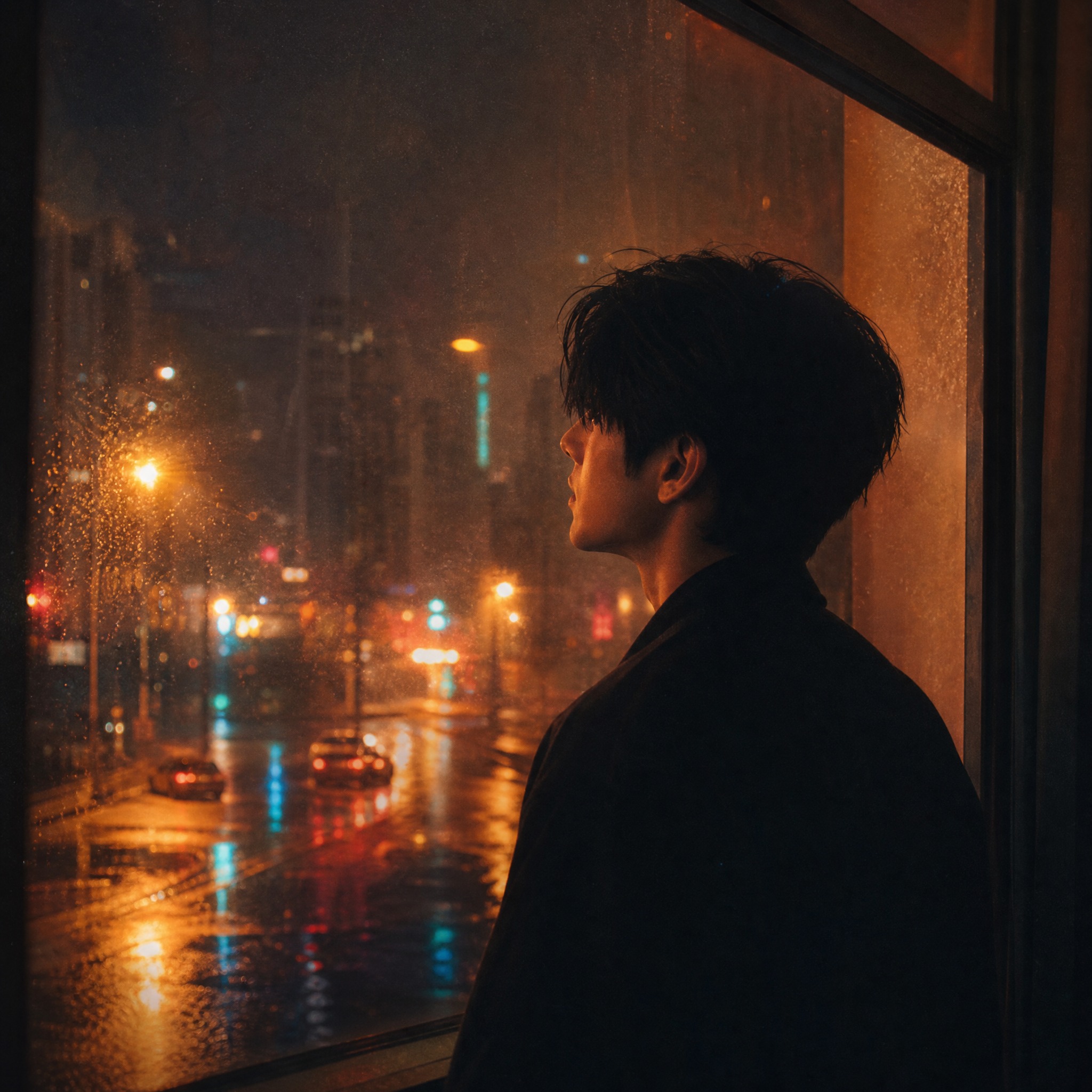 歌曲封面设计，窗外街道场景，黄昏时分，一位年轻男歌手侧影站在窗… - 图片创意预览