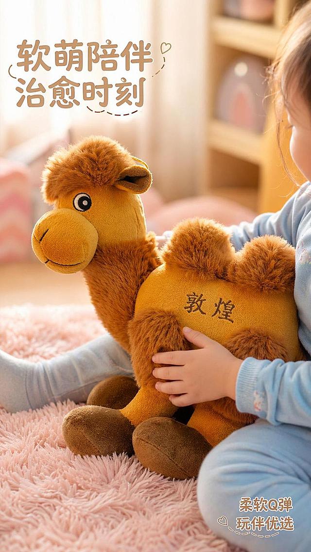 [第6屏] 动态体验页-儿童陪伴玩耍温馨瞬间展示。本屏使用【图1】驼色公仔作为主体产品。
[氛围/风格] 温馨亲子氛围，自然暖光，抓拍真实感，柔软治愈风格。
[元素布局] 儿童小手轻轻抱着骆驼公仔，放置在儿童房柔软地毯上，背景虚化，公仔主体占比约65%；突出公仔柔软萌趣、陪伴玩耍的使用场景，公仔外观和颜色与原图一致。
[光影质感] 窗边侧逆光，带柔和光晕，整体氛围温暖治愈，突出毛绒柔软感。
[配色色系] 全局底色 #fcf8f4；主色驼色公仔，浅粉地毯；辅助色儿童浅蓝衣物点缀。
[视角构图] 侧方抓拍视角，景深较浅突出主体公仔，氛围自然。
[文字版式] 左上角主标题「软萌陪伴 治愈时刻」，右下角小字卖点「柔软Q弹 玩伴优选」，字体轻盈不遮挡主体。
[比例分辨率] 9:16竖版比例，4K分辨率，文字清晰可辨，高清画质。
[负向提示词] 公仔变形，颜色偏差，人脸模糊，文字错乱，水印