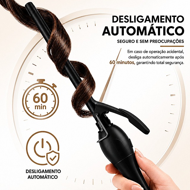 Página de desligamento automático, fundo com gradiente diagonal: centro branco puro, gradualmente mudando para cor bege claro creme (cor off-white muito suave) no canto superior esquerdo e no canto inferior direito, formando um gradiente diagonal suave e elegante. Manter TODO o conteúdo original: título "DESLIGAMENTO AUTOMÁTICO", relógio de fundo com linhas douradas sutis, modelador de cachos preto com cabelo enrolado, mão segurando, ícones de 60 min e desligamento automático, todos os textos em português. O fundo do relógio se integra ao gradiente diagonal branco-bege. Manter o cabelo, o modelador e a mão com sombras naturais sobre o fundo gradiente. O gradiente é sutil, o centro permanece predominantemente branco, com apenas os cantos superior esquerdo e inferior direito com o tom bege creme suave. Estilo elegante e profissional de e-commerce, proporção 1:1, 4K