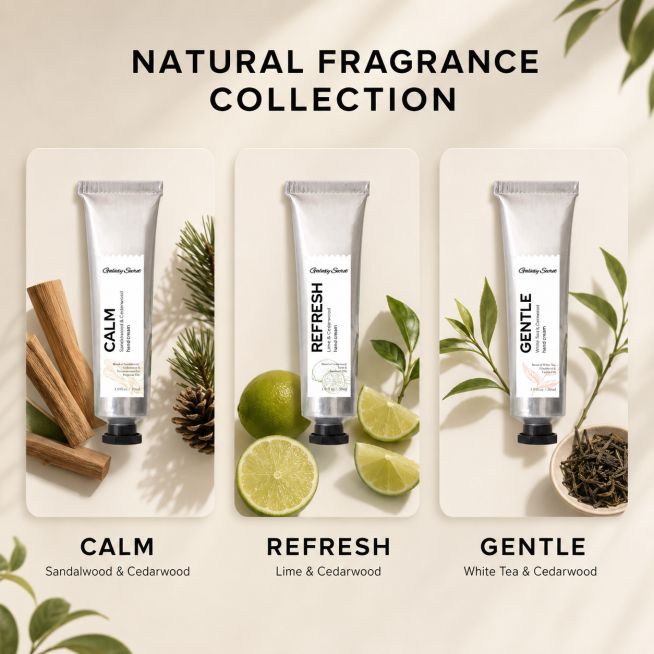 [主图-3] 三款护手霜香型介绍图，三张卡片分开展示CALM REFRESH GENTLE三种香型，每种香型搭配对应天然植物原料：CALM搭配檀香木和雪松，REFRESH搭配青柠，GENTLE搭配白茶预览效果
