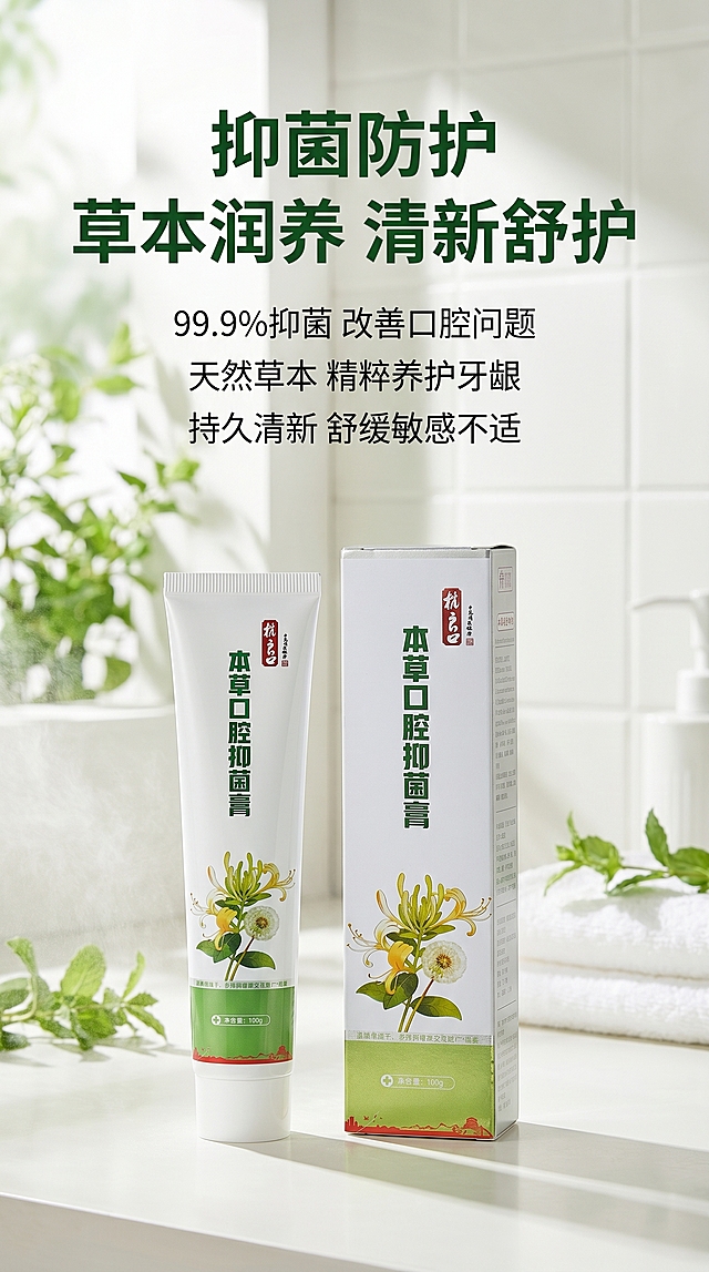 [主图 4] 核心功效展示，场景化呈现；[氛围风格] 清新自然，简约干净；[画质] 高清商业摄影质感，柔和通透；[元素] 两支杭良口本草口腔抑菌膏并排摆放于画面中下部，保持产品外观与输入产品图绝对一致，杜绝变形和色差；背景为柔和清新的浴室场景，带淡淡水雾，营造日常洗护氛围；[光影] 柔和自然光，通透干净，突出产品；[配色] 整体清新绿白色调，自然干净；[视角构图] 中心平视构图，产品主体占比约65%，满屏无边框；[文字版式] 顶部主标题“抑菌防护 草本润养 清新舒护”深绿色粗体大字，下方分三行标注功效卖点，小字排版清晰，文字不遮挡产品主体；[比例分辨率] 9:16比例，2k分辨率，文字清晰锐利，超高清；[负向提示词] 变形，水印，文字错乱，产品模糊，背景杂乱，色差