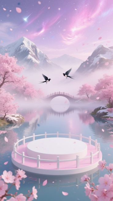 画面主体是粉白色圆形展台，展台外围有一圈围栏，背景是一些弥漫雾气的山水，山水中间有鹊桥，粉紫柔和色调。一个粉红色的圆形展示台，位于一个充满粉红色樱花的宁静山间湖畔。后面有两只小喜鹊飞在鹊桥上面，花瓣雨预览效果