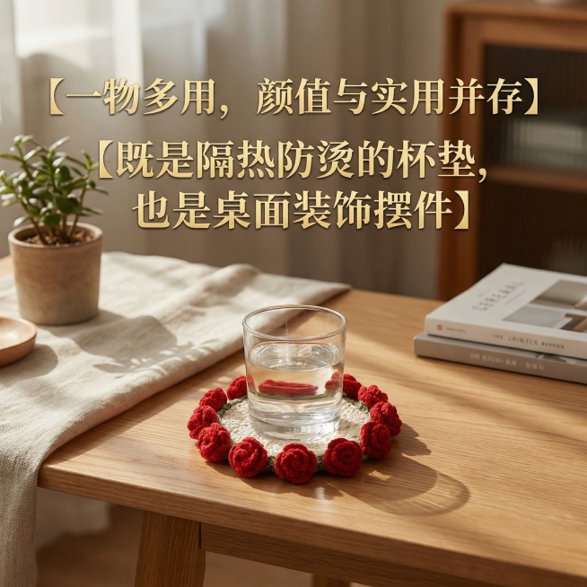 这是一款纯手工钩织的杯垫，换个背景，要家居类的，要高级一点，温馨一点，简约一点，重点突出杯垫，添加【一物多用，颜值与实用并存】【既是隔热防烫的杯垫，也是桌面装饰摆件】文字，要符合逻辑，第一眼要先看到杯预览效果