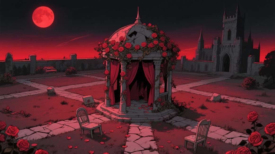 二次元，黑夜、月亮、玫瑰地、城堡花园、亭子，深红色，氛围压抑、孤独，细节丰富，多重构体丰富，夸张构图，不要人物，超高清，生成5张预览效果