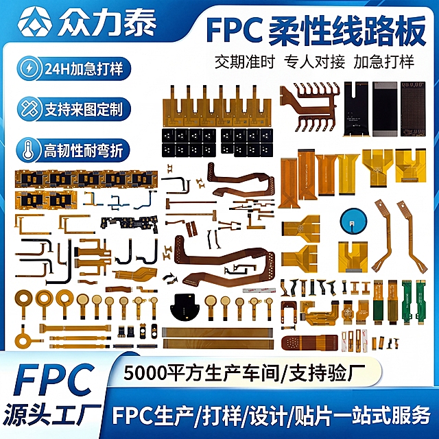 参考图模板为一张FPC柔性线路板电商主图，使用蓝色和白色配色，左上角有品牌文字'众力泰'，主标题是'FPC 柔性线路板'，文案为'交期准时 专人对接 加急打样，24H加急打样，支持来图定制，高韧性耐弯折，5000平方生产车间/支持验厂，源头工厂，FPC生产/打样/设计/贴片一站式服务'。重新混搭穿插排版所有提取的线路板产品，更换排列布局，保持图片比例1:1，分辨率4K，保留原始颜色、外观和细节，产品均匀分布不重叠遮挡
