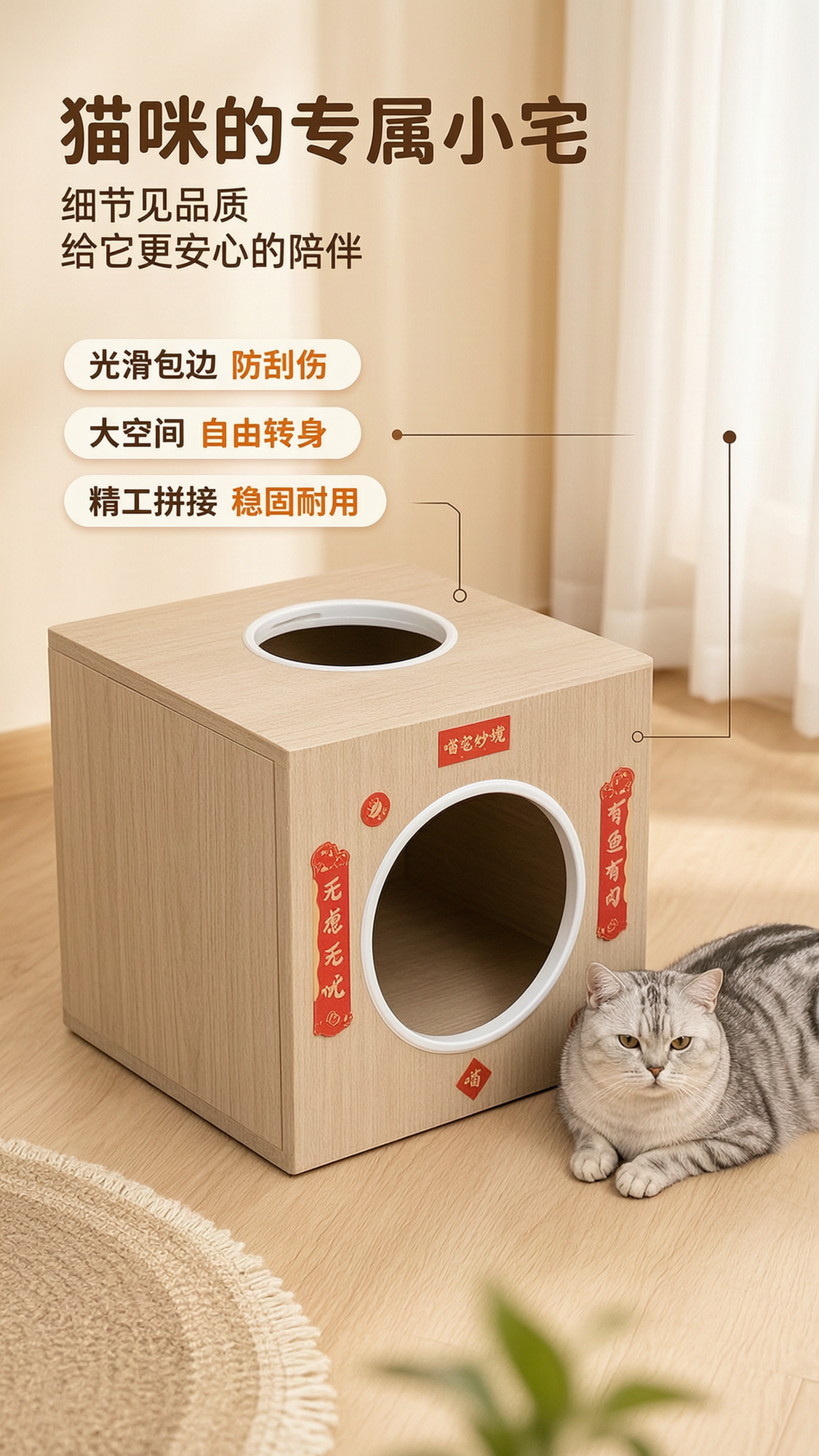 [商品] 使用【图1】木质猫窝作为唯一商品主体；保留正方体木纹… - 图片创意预览