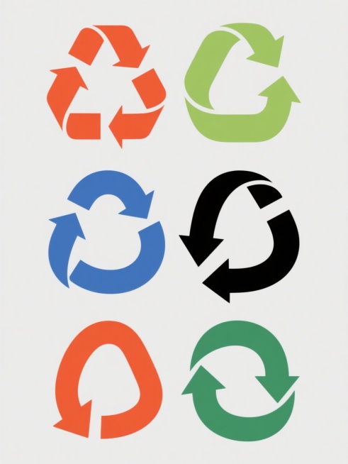极简风格循环回收标志系列设计，六个完全不同造型的循环箭头元素规整排布，每个标志保持核心循环结构但具有独特的箭头形态与转折角度，采用纯色色块填充，整体色彩变换为六种不同的鲜明单色，每个标志对应一种专属颜色，背景为纯色且与标志颜色形成高对比度，所有元素排列整齐有序形成集合，无任何文字、LOGO、二维码及多余信息，强调简洁的图形语言与现代设计感。预览效果