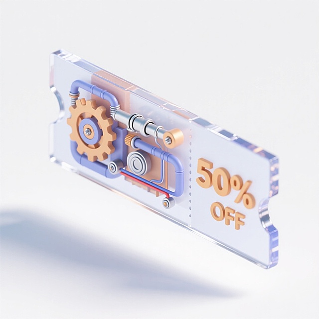 透明玻璃风3D票券，内置机械齿轮与管道，科技感十足，轻拟物设计展现未来清透质感，50% OFF促销信息醒目。