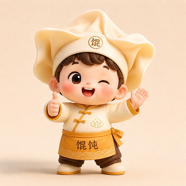 修改这个馄饨IP娃娃，设计更简约，去掉手中拿着的馄饨和勺子，让右手竖大拇指，左手做打招呼的姿势，保持可爱亲和风格和原有服饰元素