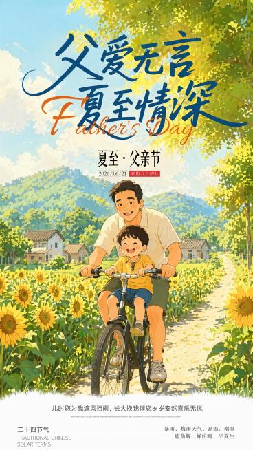 提取原图中骑单车的父子互动场景，保留全部文案内容和排版结构，参考原图的夏日清新插画风格，生成9:16竖版的父亲节夏至主题海报，保留"父爱无言 夏至情深""Father's Day""夏至·父亲节"以及预览效果
