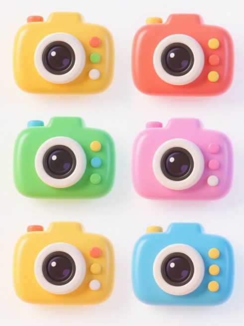 六个系列的3D卡通相机图标集合，每个相机保持相同的圆润可爱造型、光滑的塑料质感、大镜头设计和按键布局，纯色背景，色彩方案完全不同且鲜艳明快，规整地排布在白色背景上，整体呈现出统一的卡通风格和萌系氛围。预览效果