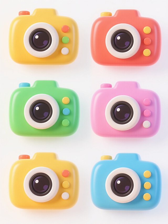 六个系列的3D卡通相机图标集合，每个相机保持相同的圆润可爱造型、光滑的塑料质感、大镜头设计和按键布局，纯色背景，色彩方案完全不同且鲜艳明快，规整地排布在白色背景上，整体呈现出统一的卡通风格和萌系氛围。