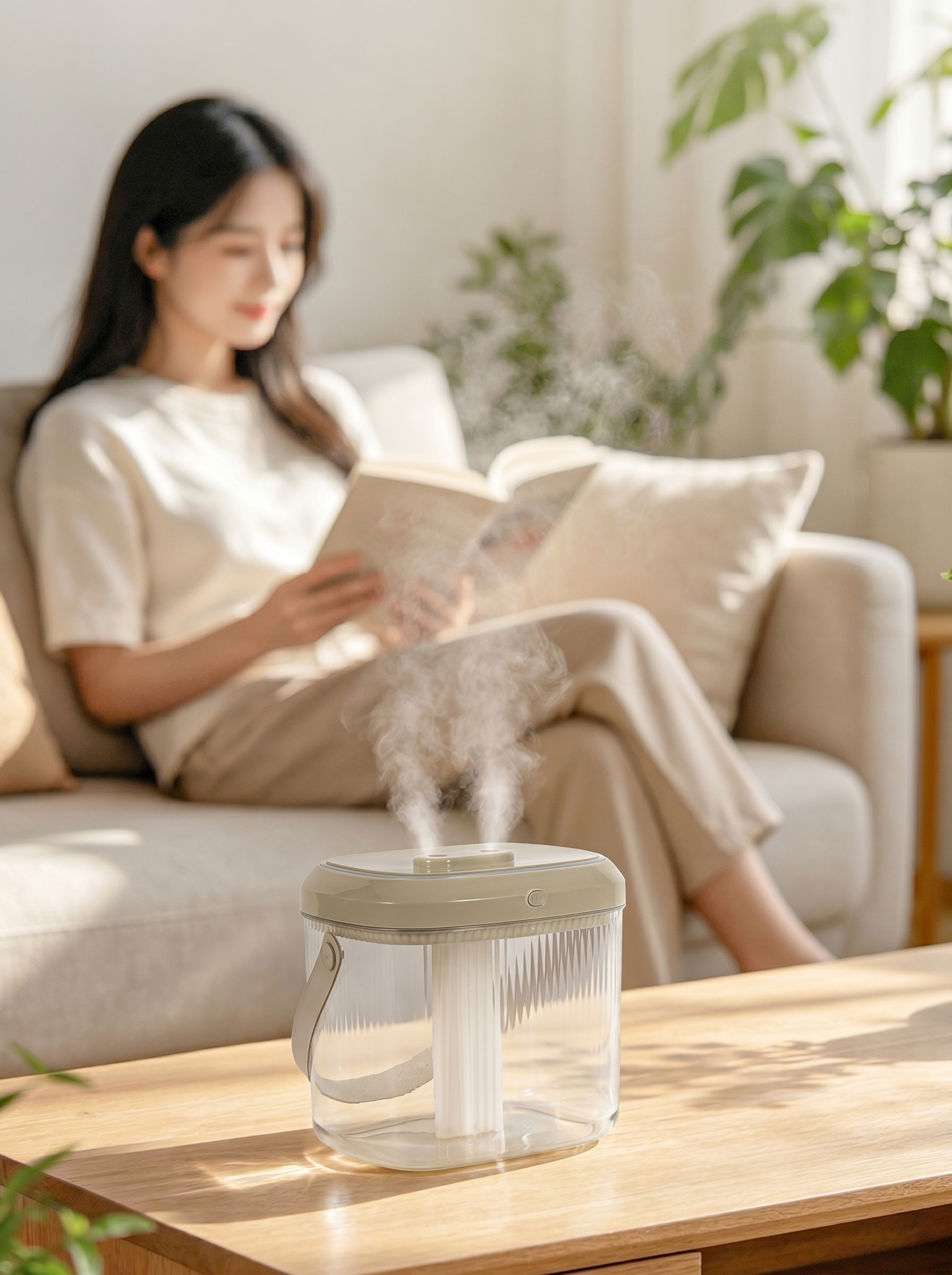 替换桌子上的加湿器，换成图2的加湿器产品，保留图2产品的全部细… - 图片创意预览