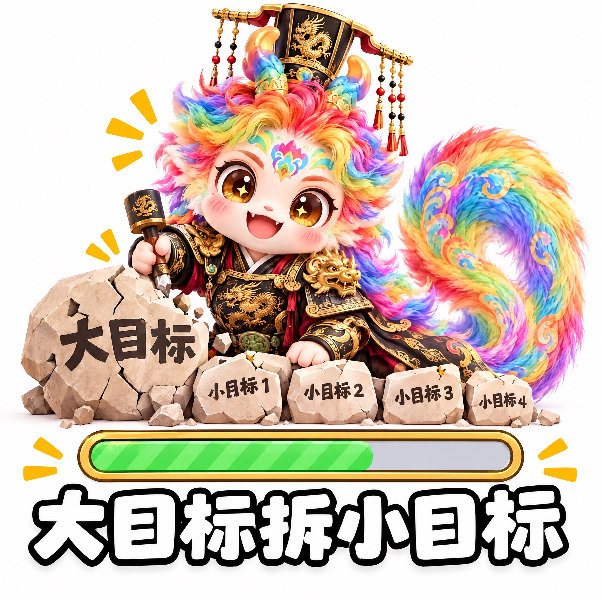参考图中的彩虹鬃毛龙形神兽（穿黑色金龙铠甲），做成可爱表情包风… - 图片创意预览