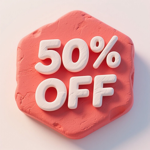 一个六边形红色粘土块，里写着白色的字”50%OFF”