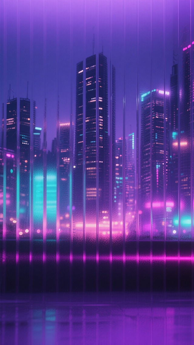 一幅具有强烈现代设计感的海报，前景是半透明的竖条纹毛玻璃纹理，纹理清晰可见，带有柔和的磨砂质感和轻微的反光效果，条纹垂直排列且均匀分布，形成通透的视觉层次。背景是繁华的城市风光，高楼大厦的剪影在夜色中依稀可见，城市的灯光透过毛玻璃呈现出朦胧而梦幻的光斑效果。整体配色采用深邃的紫色作为主色调，从顶部的浅紫渐变到底部的深紫，搭配霓虹粉和青色的点缀光效，营造出神秘而充满未来感的都市氛围。画面的视觉焦点集中在毛玻璃纹理与城市灯光的交融处，通过色彩对比和透明度变化增强视觉冲击力，确保在短时间内吸引观者目光并传达出夜晚城市的繁华与迷幻之美。