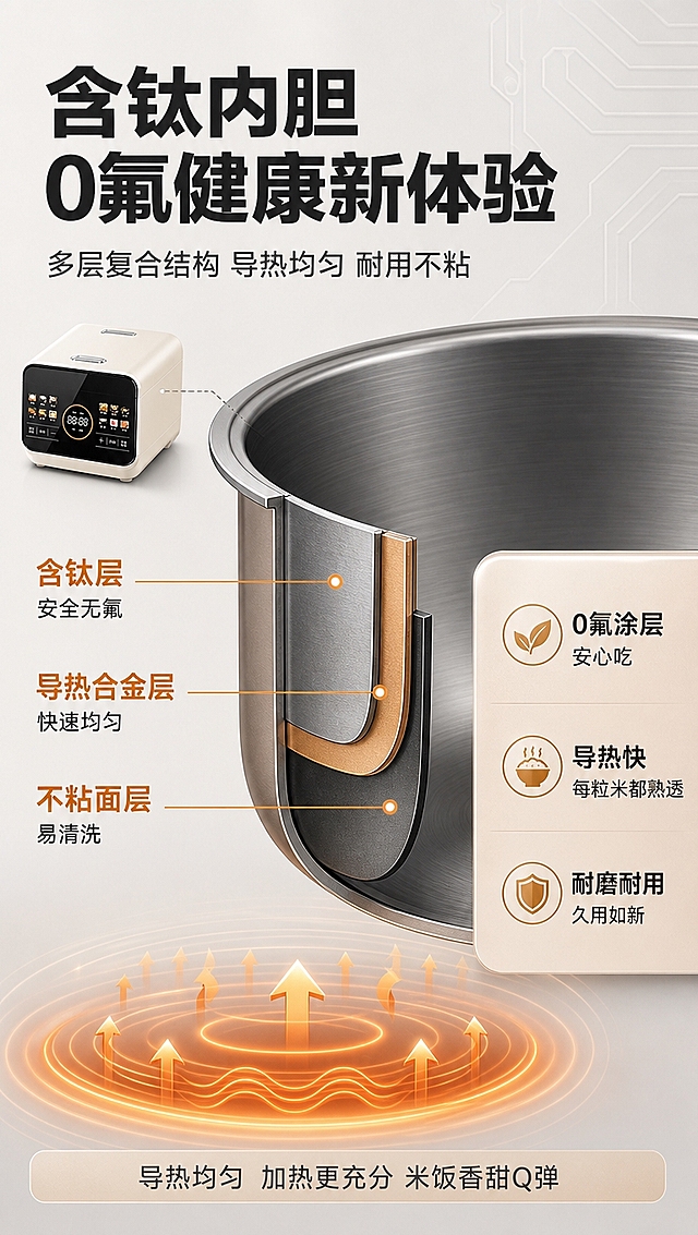 [商品] 使用【图1】米白色智能电饭煲的内胆部分；保留电饭煲外观与内胆的真实比例、米白色机身、含钛金属内胆质感；内胆做剖面/分层示意，展示内胆含钛层结构，不改变内胆真实形状与尺寸。
[画面] 目标：第4张·核心技术·含钛内胆剖面。爆炸/剖面型版式。画面中央电饭煲内胆做纵向剖面放大展示，用分层线条标注含钛层、导热层、不粘层等结构；左侧放电饭煲整机小图做参照；右侧放3个技术收益点；底部有导热均匀的波纹/箭头可视化示意；背景为浅灰渐变+科技感细线纹理，突出技术专业感。
[视觉] 套系策略：风格=京东家电专业商业摄影风，暖调居家质感+理性科技感；标题字=粗黑无衬线字体，厚重有力；正文字=简洁无衬线中黑体；主色=米白+暖木棕；背景延展=本页技术页用浅灰渐变+细腻科技纹理，保持主色系统一；强调色=暖橙金，仅用于剖面引线、层级高亮和关键数字；标题色=深炭灰；正文色=中暖灰；组件=圆角信息卡、细线引线、层级标注线；光影=正面均匀柔光，内胆金属质感清晰，剖面边缘有高光勾勒。
[文字] 顶部大标题「含钛内胆 0氟健康新体验」；副标题「多层复合结构 导热均匀 耐用不粘」；内胆剖面旁引线标注：「含钛层 安全无氟」「导热合金层 快速均匀」「不粘面层 易清洗」；右侧3个收益点：「0氟涂层 安心吃」「导热快 每粒米都熟透」「耐磨耐用 久用如新」；文字均横向排版，引线清晰不交叉。
[规格] 图片比例9:16竖版，4K分辨率，避免变形、错字、文字过小、虚构材质参数、冷蓝科技底偏离主色系、极限词、京东Logo/平台水印。