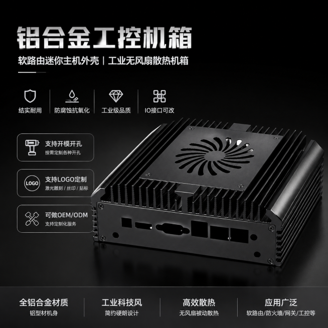 铝合金工控机箱，软路由迷你主机外壳，工业无风扇散热机箱，全铝合金材质铝型材机身，工业科技风，黑色背景，产品展示，卖点：结实耐用 防腐蚀抗氧化 工业级品质 IO接口可改 支持开模开孔 支持LOGO定制预览效果