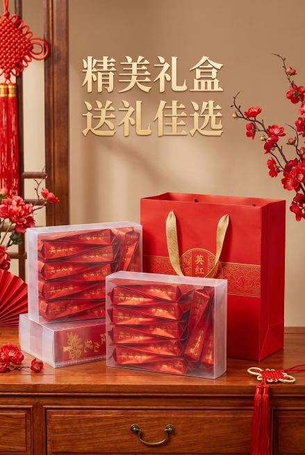 [详情页图13] 送礼场景展示
[风格] 高端喜庆，突出送礼属性
[画质] 商业摄影，干净高级
[元素] 两盒英红九号泡袋茶礼盒搭配红色手提袋，放置中式案台上，节日送礼氛围浓厚，包装精美大气。保持产品预览效果