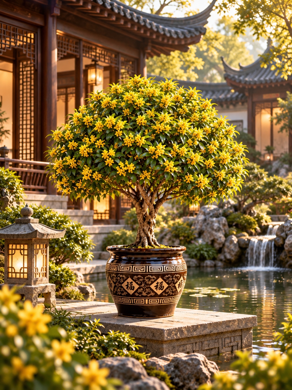 生成一张与参考图类似的桂花盆景场景图。主体是一盆开满金黄色桂花… - 图片创意预览