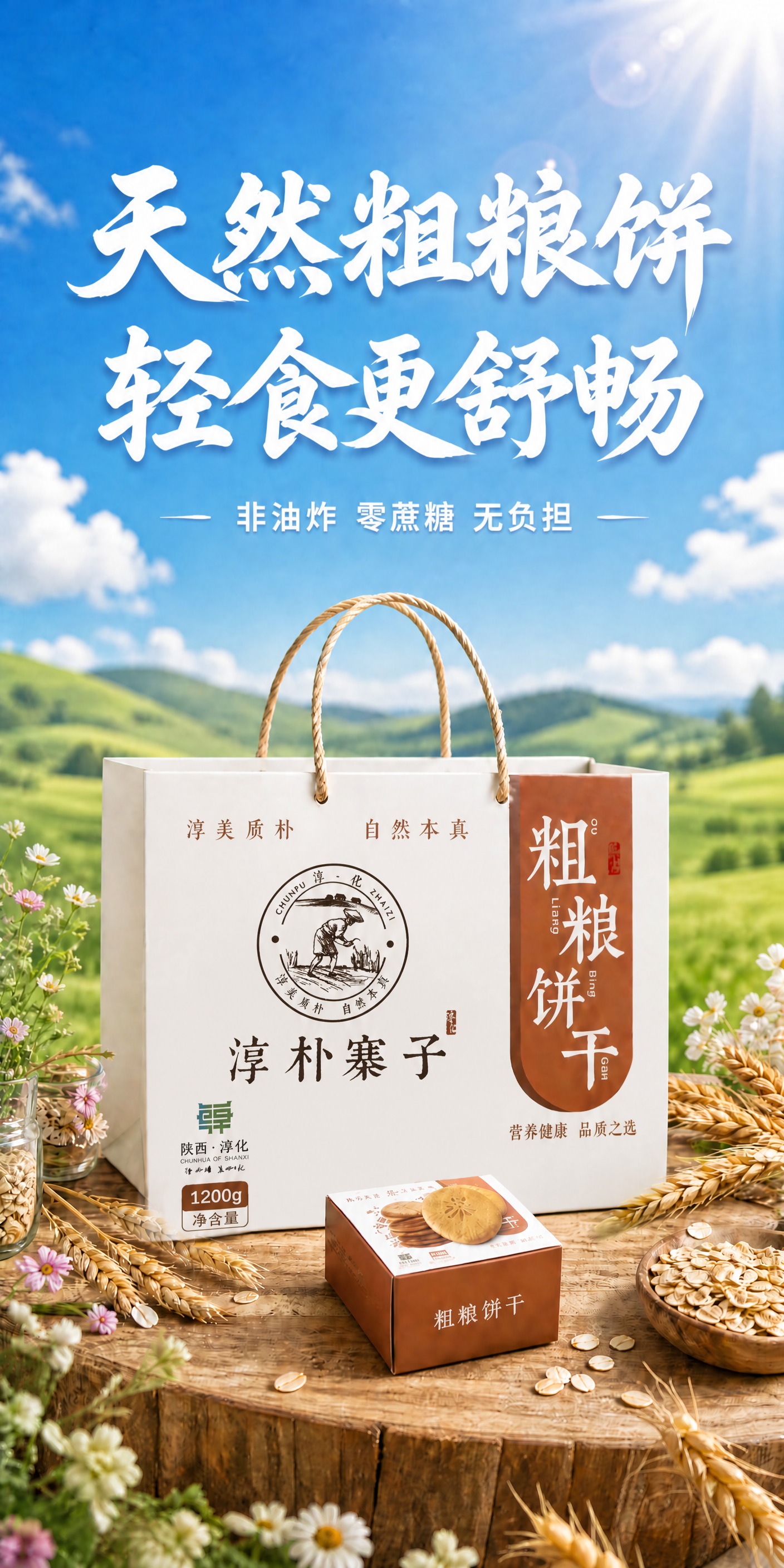 保持这张粗粮饼干海报的所有元素完全不变：背景、蓝天绿地、标题花… - 图片创意预览