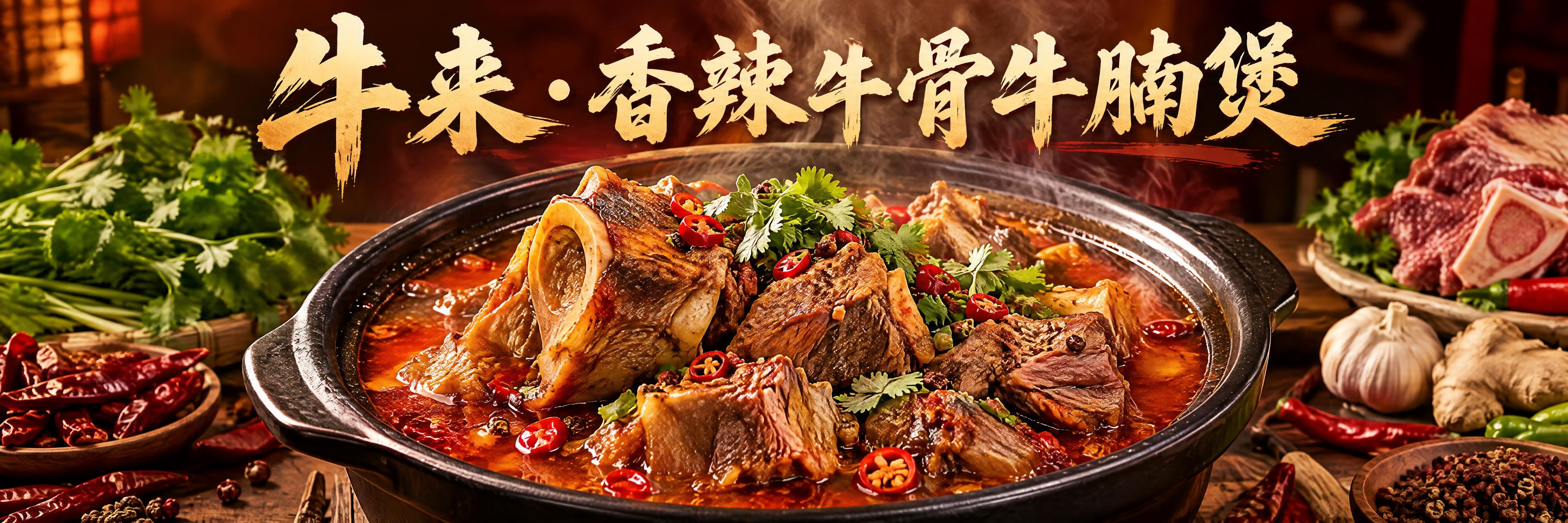餐饮美食海报设计，写真风格，画面主体是一锅热气腾腾的香辣牛骨牛… - 图片创意预览