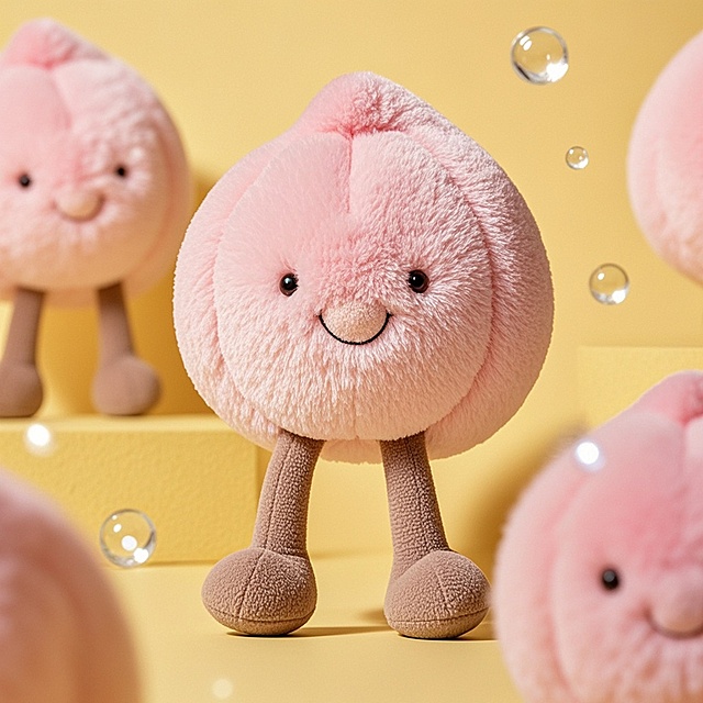粉色桃子拟人化设计，卡通风格可爱生动，面料质感柔软温馨。