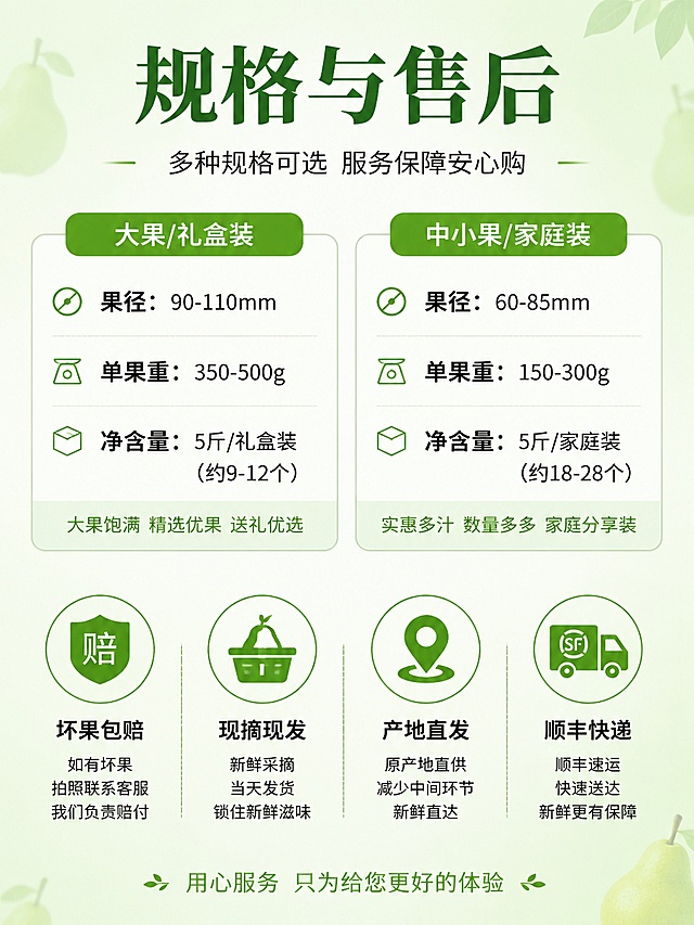 [第7屏] 规格售后说明-服务承诺保障。本屏为信息说明页，无需主体产品图。
[氛围/风格] 简洁干净信息排版，清晰易读。
[元素布局] 顶部主标题「规格与售后」，中部分两栏介绍规格选项，底部排列四项服务承诺图标+文字；整体排版整齐，留白舒适。背景用淡绿色渐变，搭配细小梨子剪影装饰不抢内容。
[光影质感] 均匀柔和平铺光，文字信息清晰无阴影干扰。
[配色色系] 淡绿色渐变背景，深绿色标题，黑色说明文字，绿色图标，清新统一风格。
[视角构图] 从上到下信息排版，居中对齐，间距均匀，符合移动端阅读习惯。
[文字版式] 顶部大标题「规格与售后」，分栏标注「大果/礼盒装」「中小果/家庭装」不同规格；底部四个图标对应文字：「坏果包赔」「现摘现发」「产地直发」「顺丰快递」，图标+文字组合清晰易读，字号适配移动端阅读。
[比例分辨率] 3:4竖版比例，4K分辨率，文字清晰可辨，高清画质。
[负向提示词] 变形，水印，文字错乱，文字过小，缺件错件，结构错误，颜色偏差，产品图模糊，背景杂乱。