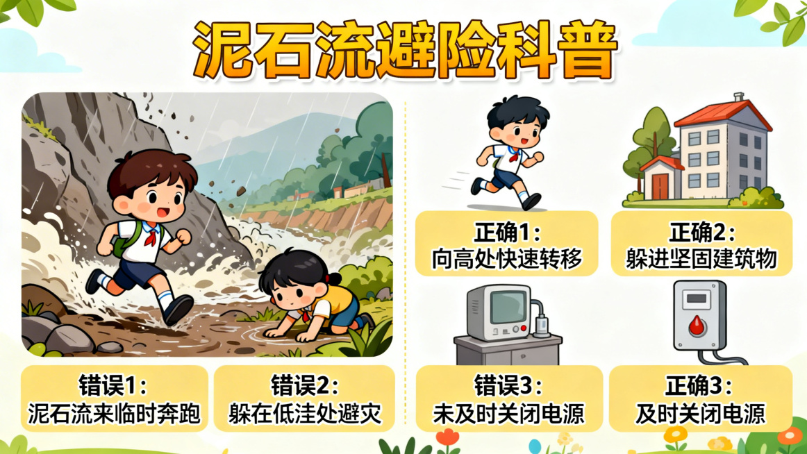 小学生地质灾害科普PPT页，卡通风格，展示泥石流避险的三个错误行为和三个正确行为的对比示意图预览效果