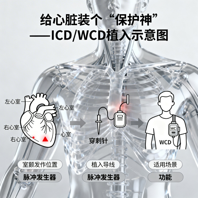 健康科普示意图，标题为「给心脏装个“保护神”——ICD/WCD植入示意图」。图片主题：用简化解剖图+步骤图讲解心脏性猝死的器械预防治疗。左侧展示简化心脏结构示意图，标注左心室和右心室位置，用红色符号标预览效果