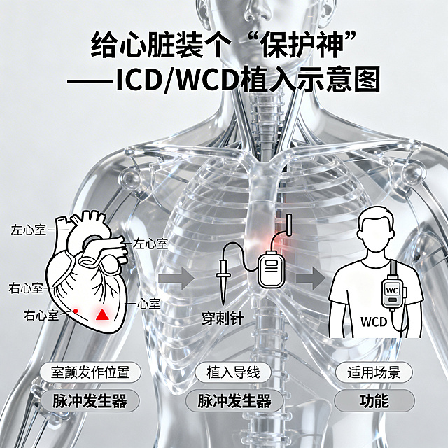 健康科普示意图，标题为「给心脏装个“保护神”——ICD/WCD植入示意图」。图片主题：用简化解剖图+步骤图讲解心脏性猝死的器械预防治疗。左侧展示简化心脏结构示意图，标注左心室和右心室位置，用红色符号标记室颤发作位置；中间分三步展示ICD植入过程，用简易图标分别表示穿刺针、植入导线、脉冲发生器；右侧展示可穿戴除颤器WCD的穿戴示意图，标注适用场景和功能。整体风格为科普插画，科技灰银配色，透明效果展示植入位置，步骤清晰直观，适合大众阅读。