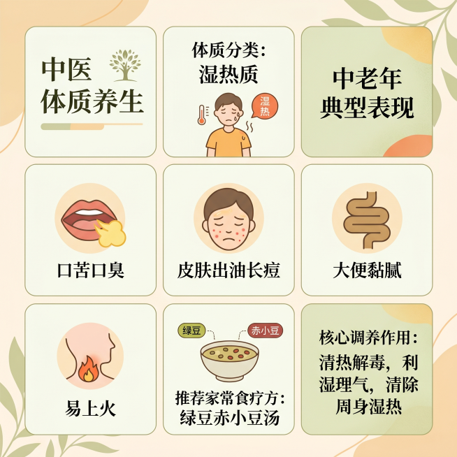 中医体质养生微信九宫格海报单张，主题：湿热质，包含文案：体质分类：湿热质，中老年典型表现：口苦口臭、皮肤出油长痘、大便黏腻、易上火，推荐家常食疗方：绿豆赤小豆汤，核心调养作用：清热解毒，利湿理气，清除预览效果