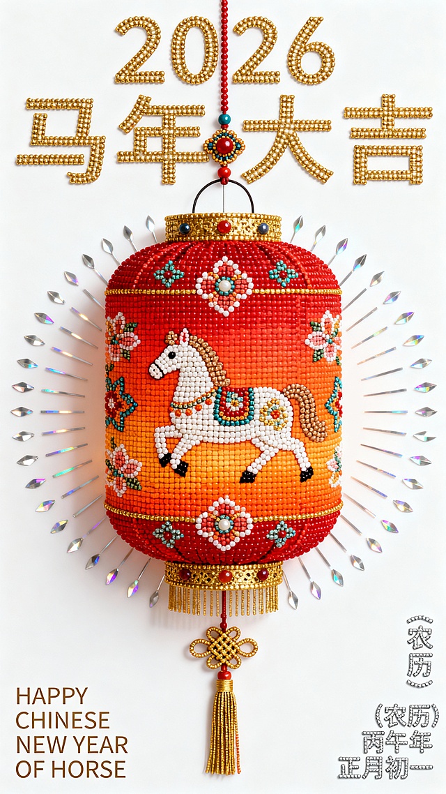 主体是红到橙渐变的圆柱形中式灯笼（表面饰有小马和宝相花纹图案），顶部配挂环与装饰珠，底部带金色饰边、中国结装饰及流苏，周围环绕柔和光晕。上下留白，左右留白，不要撑满整个画面。色调为纯白背景+ 红到橙渐变。画面上方有极细字体"2026""马年大吉"，左下方小字“HAPPY CHINESE NEW YEAR OF HORSE” ，右下方小字“（农历）丙午年 正月初一”