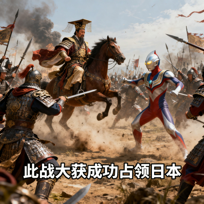 秦始皇和同时代的将领士兵复活出击日本，和奥特曼激烈战斗，秦始皇骑在战马上指挥，士兵们冲锋，奥特曼在对面迎战，战斗场景气势恢宏，下方配有副标题文字“此战大获成功占领日本”，史诗风格，战斗场面宏大预览效果