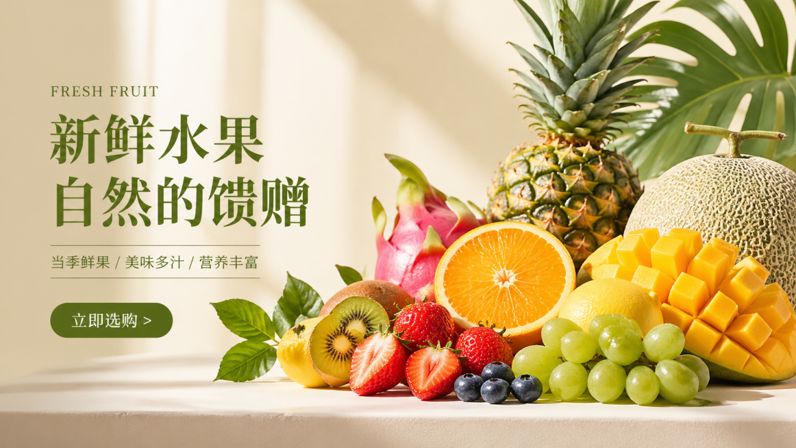 高级感水果主题banner，简约大气质感设计，新鲜色彩饱满的多种水果，光影精致，背景干净高级，电商banner风格预览效果
