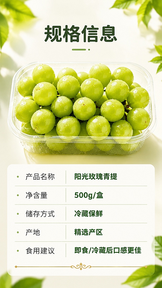 [第3屏] 规格信息屏 - 阳光玫瑰青提500g/盒规格展示。本屏使用【图1】作为商品主体，展示盒装分量。
[氛围/风格] 清新高级生鲜风，干净规整，商业摄影质感，信息明确。
[元素布局] 画面上方为精品盒装青提效果图（果实外观与输入图一致），居中摆放，占比约50%，盒子为透明保鲜盒，青提翠绿饱满带水珠；下方为规格参数区；背景浅米白渐变，四周点缀浅绿叶片装饰；果实颜色、质感与输入产品图一致。
[光影质感] 顶部柔光均匀照明，盒体通透有高光，底部柔和投影，整体明亮干净。
[配色色系] 全局底色 #FAFAFA 浅米白渐变；主色深绿标题；辅助色浅绿分隔线、金色标签；字色深绿+深灰。
[视角构图] 上下构图，上图下文，阅读动线从上至下。
[文字版式] 顶部标题「规格信息」，温润圆角黑体深绿色。下方规格表：产品名称「阳光玫瑰青提」，净含量「500g/盒」，储存方式「冷藏保鲜」，产地「精选产区」，食用建议「即食/冷藏后口感更佳」；采用左右两列表格样式，左栏深灰，右栏深绿加粗；底部有金色装饰线；文字清晰可读，移动端友好。
[比例分辨率] 9:16 竖版比例，4K 分辨率，文字清晰可辨，高清画质。
[负向提示词] 果实变形，颜色偏差，水印，文字错乱，文字过小，产品图模糊，背景杂乱。