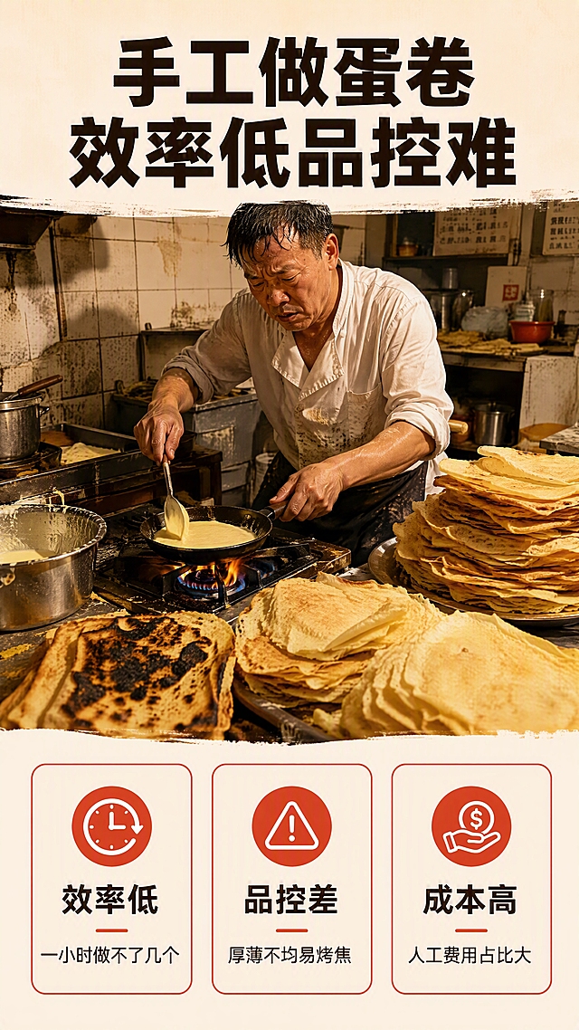 [第2张] 详情页痛点直击页-传统手工蛋卷制作痛点。本张无需产品图，纯场景痛点表达。
[氛围/风格] 真实后厨困扰场景，写实风格，略带焦虑感，商业摄影质感，引发共鸣。
[元素布局] 画面上半部分为传统手工摊蛋卷的场景：厨师在燃气灶上用小锅手工摊皮，满头大汗，旁边堆着厚薄不均的蛋卷皮，有的烤焦有的没熟；下半部分为3个痛点卡片区域；背景是略显杂乱的传统厨房环境，暖黄色调。
[光影质感] 顶光为主，厨房自然光+灶台火光，明暗对比略强，突出忙碌与压力感。
[配色色系] 全局底色 #FFF5EB 暖橙灰；主色暖黄+深棕；辅助色红色痛点标签；文字深褐色。
[视角构图] 上场景下文字的上下构图，阅读动线从上到下，痛点卡片横向排列。
[文字版式] 顶部大标题「手工做蛋卷 效率低品控难」，粗黑体居中；下方3个痛点卡片横向排列，每个配图标：「效率低 一小时做不了几个」「品控差 厚薄不均易烤焦」「成本高 人工费用占比大」；卡片用红橙色边框突出痛点。文字清晰可读，移动端友好。
[比例分辨率] 9:16 竖版比例，4K分辨率，文字清晰可辨，高清画质。
[负向提示词] 产品图出现，水印，文字错乱，文字过小，画面模糊，人物变形，低俗内容。