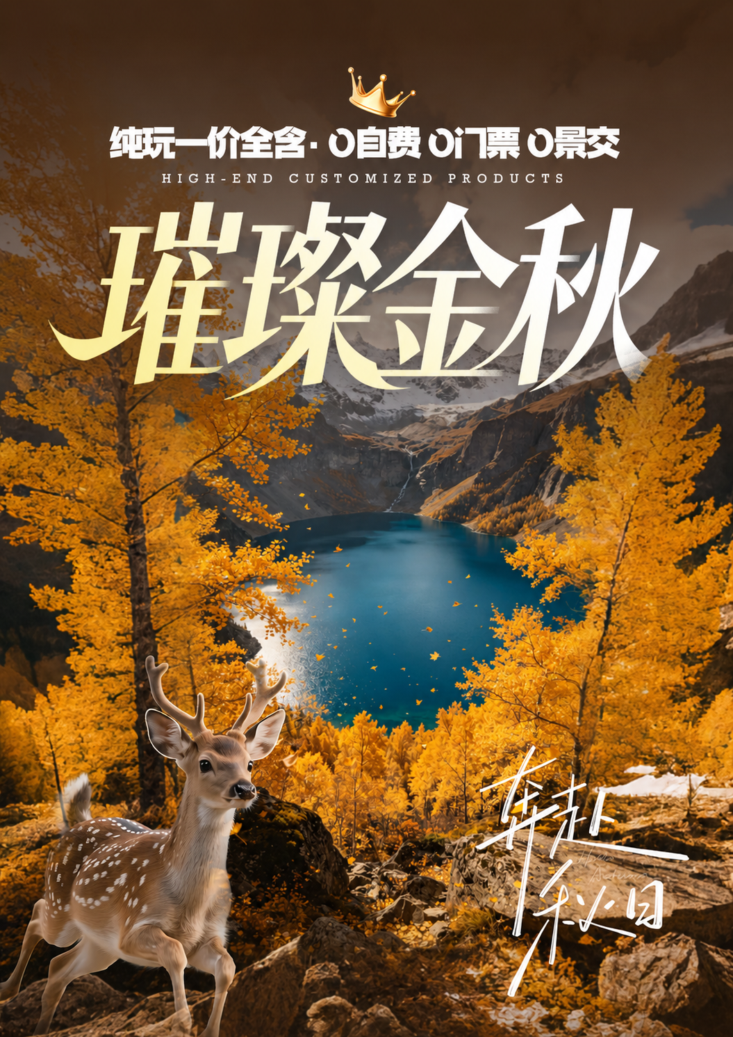 将海报中间的大字标题“秋染长白”替换为“璀璨金秋”，保持原有的… - 图片创意预览