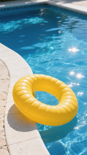 一张高清晰度的泳池边特写照片，画面中央是一个鲜艳的黄色充气游泳圈，游泳圈上有整齐排列的充气纹路，部分浸在清澈见底、泛着粼粼波光的蓝色泳池水中，部分倚靠在米白色的泳池边缘石台上，阳光从上方照射下来，在水面形成明亮的光斑和清晰的光影反射，游泳圈的黄色与池水的蓝色形成鲜明对比，整体呈现出明亮、清爽、充满夏日度假氛围的写实风格，背景中除了泳池水面和边缘外无其他多余元素，构图简洁且聚焦于游泳圈主体。预览效果