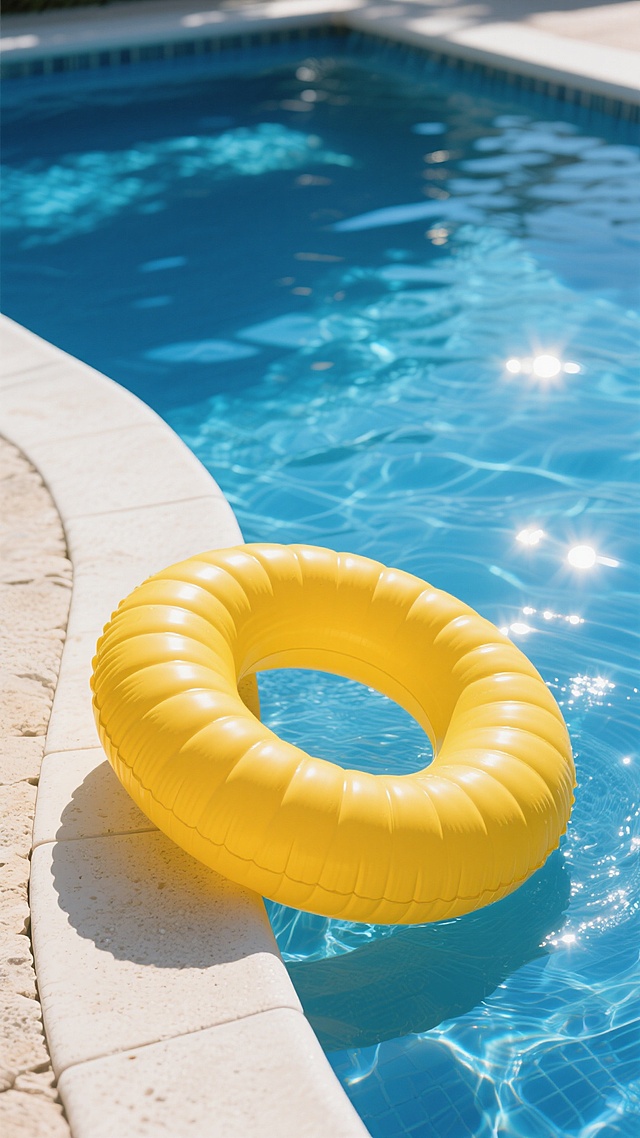 一张高清晰度的泳池边特写照片，画面中央是一个鲜艳的黄色充气游泳圈，游泳圈上有整齐排列的充气纹路，部分浸在清澈见底、泛着粼粼波光的蓝色泳池水中，部分倚靠在米白色的泳池边缘石台上，阳光从上方照射下来，在水面形成明亮的光斑和清晰的光影反射，游泳圈的黄色与池水的蓝色形成鲜明对比，整体呈现出明亮、清爽、充满夏日度假氛围的写实风格，背景中除了泳池水面和边缘外无其他多余元素，构图简洁且聚焦于游泳圈主体。