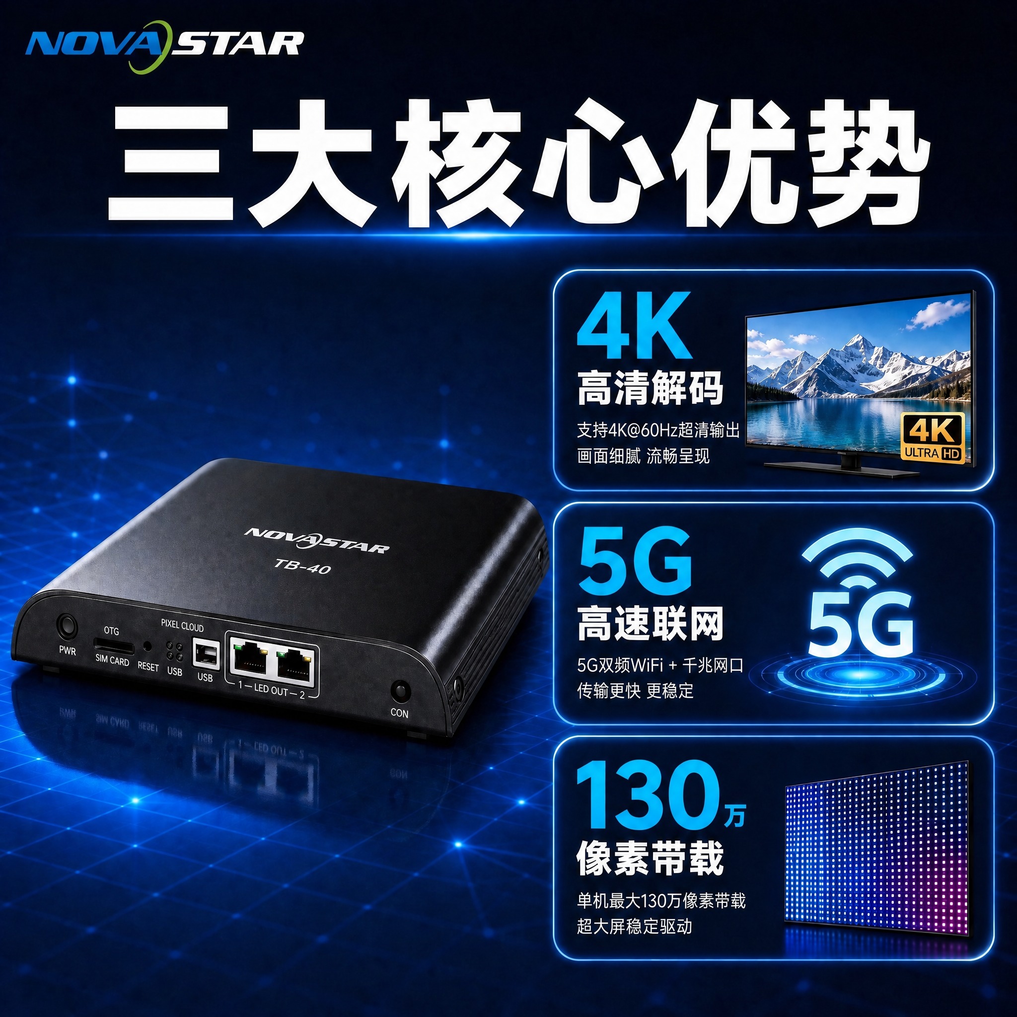 将图中黑色诺瓦TB40播放盒上的品牌标识NOVASTAR和型号… - 图片创意预览