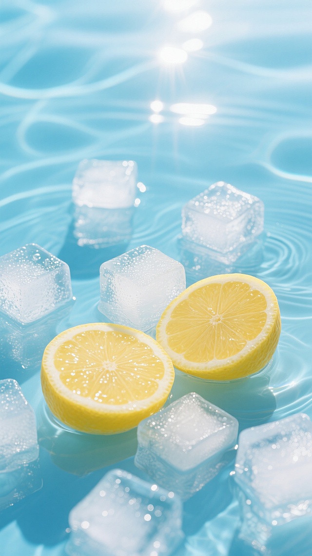夏日背景，清澈透明的浅蓝色水面上漂浮着多块棱角分明、表面带有细密气泡的透明冰块，两块新鲜饱满的黄色柠檬切片半浸在冰块旁，阳光从上方照射形成明亮柔和的高光，水面泛起细微波纹，整体呈现出清凉通透、明亮纯净的夏日氛围，光线充足，色彩清新，充满冰爽沁凉的感觉。