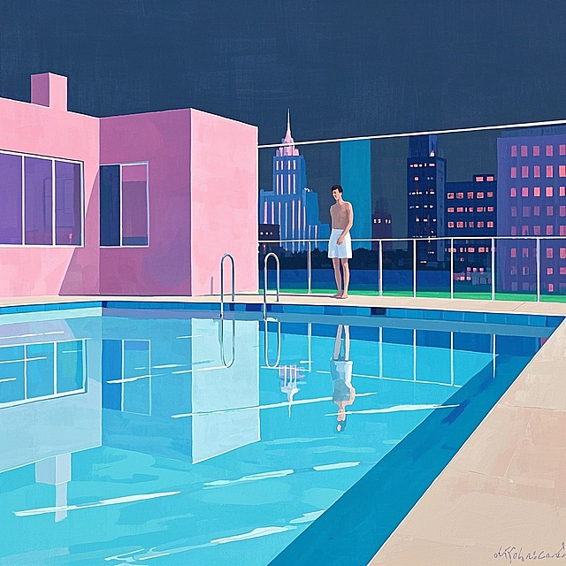 现代感插画风，超现实主义泳池夜景，人物与城市倒影交织，梦幻氛围。