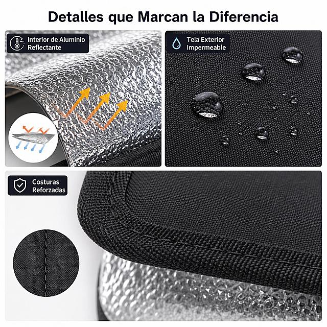 [第4张] 产品细节图 - Detalles de Material y Confección。本张使用【图1】作为铝箔内层细节，【图5】作为材质功能示意参考，【图6】作为外层防水细节。
[氛围/风格] 微距专业质感，理性消费细节展示，跨境电商详情页细节页风格。
[元素布局] 画面采用三宫格布局，每格展示一个核心细节：左上格 - 铝箔内层微距特写，银色气泡纹理清晰，配隔热示意；右上格 - 外层黑色防水面料特写，水珠滚落效果；下方大格 - 缝线包边工艺特写，展示做工精细；各细节均来自输入产品图，材质纹理一致。
[光影质感] 每格独立柔光，突出材质纹理和立体感，铝箔有金属反光，面料有织物肌理，水珠有透明高光。
[配色色系] 全局底色 #FFFFFF 纯白；主色银铝箔、黑面料；辅助色浅灰分隔线、深灰文字、蓝色水滴点缀。
[视角构图] 三宫格错落布局，微距视角，阅读动线从左上到右上再到下方大图。
[文字版式] 全部西班牙语。顶部主标题「Detalles que Marcan la Diferencia」；每格配短标签：「Interior de Aluminio Reflectante」「Tela Exterior Impermeable」「Costuras Reforzadas」；标签置于各格角落，不遮挡细节主体。
[比例分辨率] 1:1 方图比例，2K分辨率，文字清晰可辨。
[负向提示词] 材质失真，纹理模糊，文字错乱，颜色偏差，水印，中文字符。