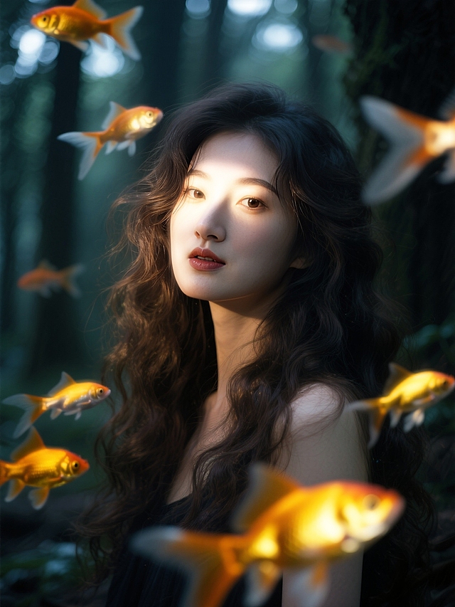 森林少女，环绕动态模糊的金鱼，金鱼发光，梦核暗调。脸部一束光，长卷发，特写