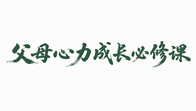 干净的纯白色背景。平面艺术字体设计，九个字"父母心力成长必修课"，所有文字单行横向排列，毛笔书法字体，行书风格，笔势行云流水一气呵成，笔画粗细自然变化富有韵律，笔画厚重有力，带有飞白枯笔的墨韵质感，主体颜色为墨绿色（#2e5a45）。仅包含这九个字："父"、"母"、"心"、"力"、"成"、"长"、"必"、"修"、"课"，不得增加、遗漏或替换任何一个字。文字整体必须完整呈现在画面内不可被裁切，四周留有安全边距。比例16:9